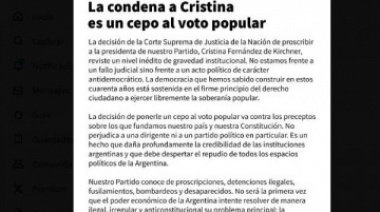 Comunicado del PJ: La condena a Cristina "es un cepo al voto popular"